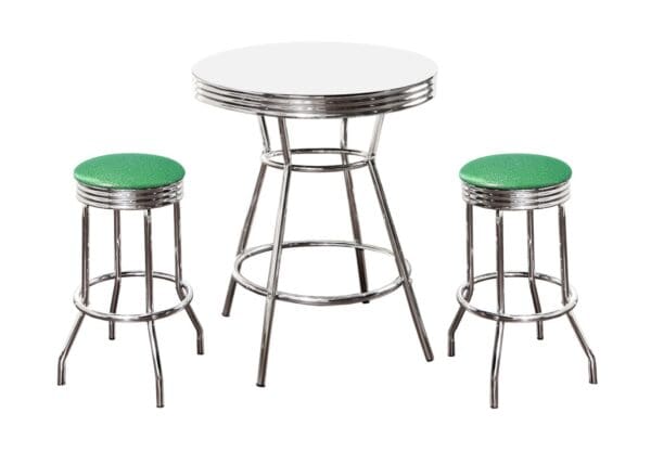 White Bar/Pub Table & Barstools Set 3-Piece Retro Soda Fountain Style w 2 - 29" Tall Chrome Swivel Seat Stools Light Green Glitter Cushions