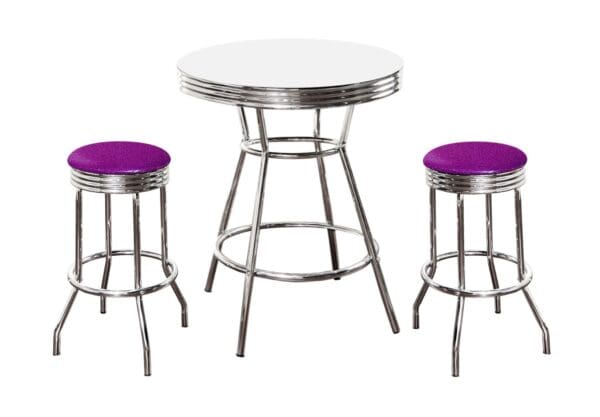 White Bar/Pub Table & Barstool Set 3-Pc Retro Soda Fountain Style w 2-29" Tall Chrome Finish Swivel Seat Stools with Purple Glitter Cushions