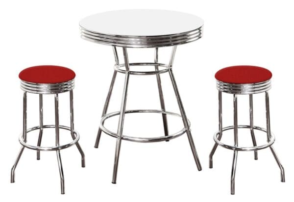 White Bar/Pub Table Set 3-Piece Retro Soda Fountain Style with 2 - 29" Tall Red Vinyl Covered Swivel Seat Cushions