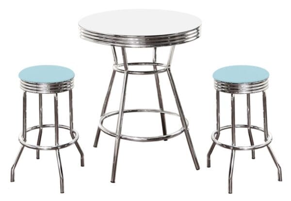 White Bar/Pub Table Set 3-Piece Retro Soda Fountain Style with 2 - 29" Tall Baby Blue Vinyl Covered Swivel Seat Cushions