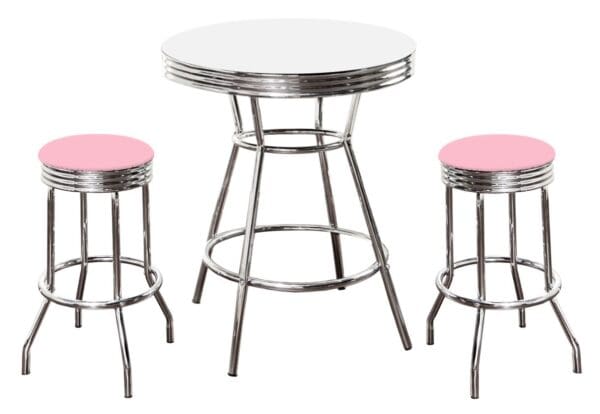 White Bar/Pub Table Set 3-Piece Retro Soda Fountain Style with 2 - 29" Tall Baby Pink Vinyl Covered Swivel Seat Cushions