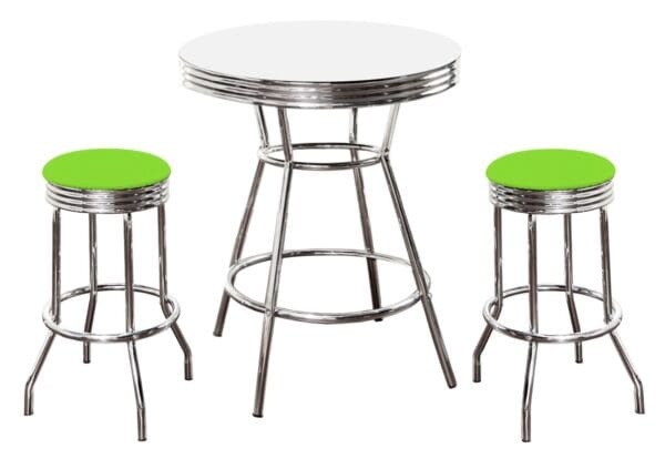 White Bar/Pub Table Set 3-Piece Retro Soda Fountain Style with 2 - 29" Tall Bright Green Vinyl Covered Swivel Seat Cushions