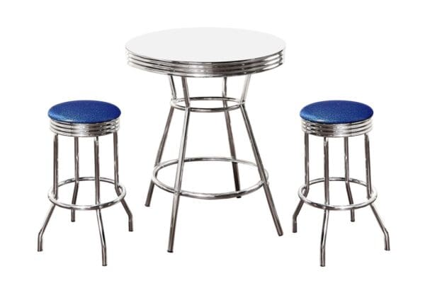 White Bar/Pub Table & Barstools Set 3-Pc Retro Soda Fountain Style with 2 -29" Tall Chrome Finish Swivel Seat Stools w Blue Glitter Cushions