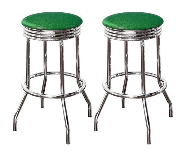 Bar Stool Set Retro Style Chrome Stools with Emerald Green Glitter Vinyl - 24" or 29" Tall