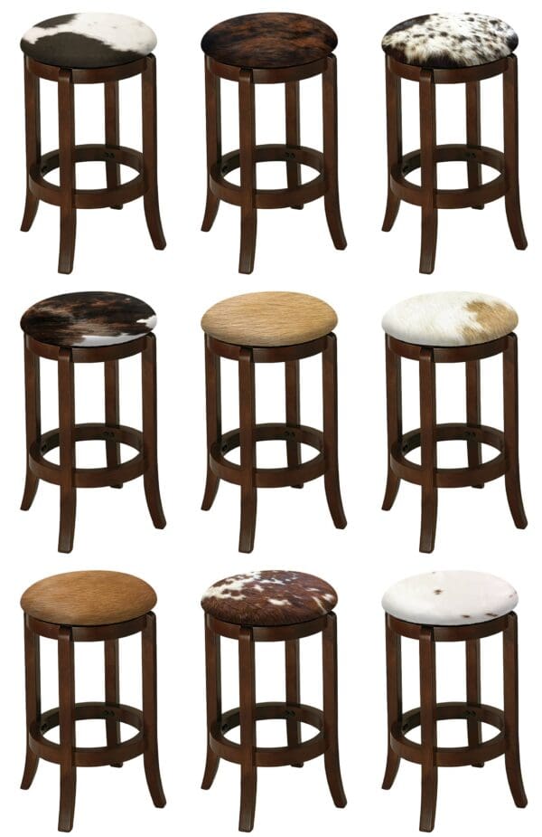 Bar Stool Authentic Cowhide Custom Covered Seat Cushion 24" or 29" Espresso Finish Swivel Seat Wood Stool with Curved Legs