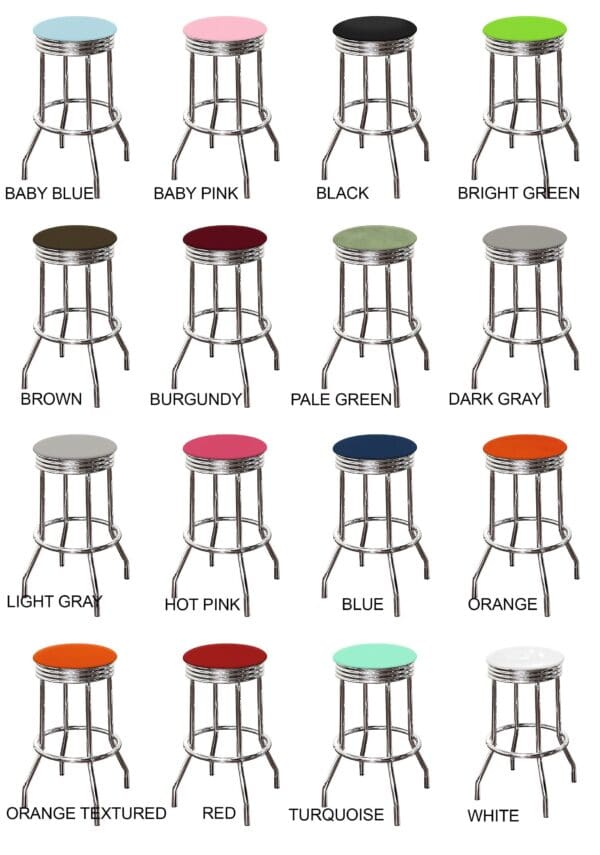 Bar Stool Swivel Seat 24" or 29" Tall Retro Style Chrome Stool with Your Choice of a Colored Vinyl Covered Padded Seat Cushion