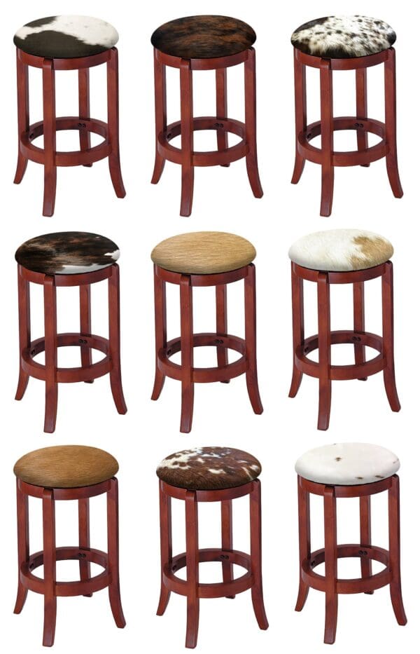 Bar Stool Authentic Cowhide Covered Seat Cushion 24" or 29" Cherry Finish Swivel Seat Wood Stool with Curved Legs