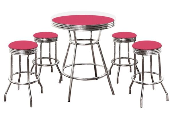 Custom Hot Pink Vinyl Covered Bar Table with Glass Top and 4 Chrome Stools with Hot Pink Vinyl Covered Swivel Seat Cushions