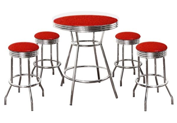 Custom Red Glitter Vinyl Covered Bar Table with Glass Top and 4 Chrome Stools with Red Glitter Vinyl Covered Swivel Seat Cushions