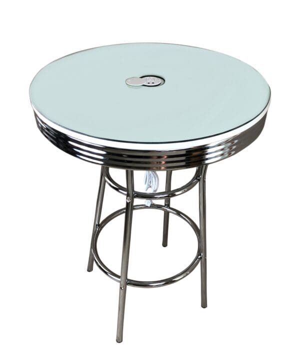 White Bar Pub Table with Customized Attached USB and Power Outlet Glass Top Option Retro Soda Fountain Style - Image 2