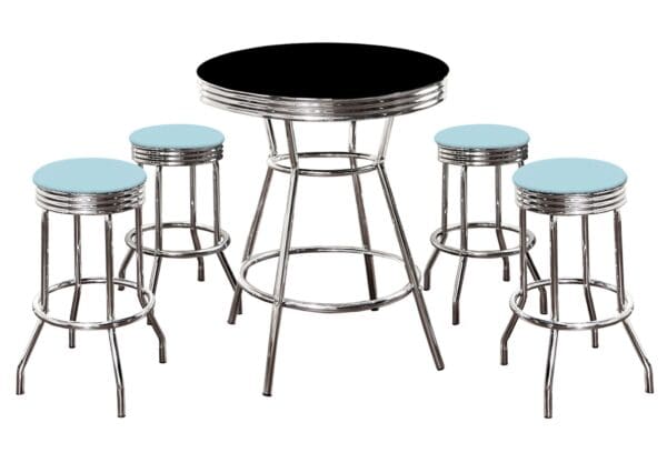 Black Bar/Pub Table Set 5-Piece Retro Soda Fountain Style with 4 - 29" Tall Baby Blue Vinyl Covered Swivel Seat Cushions