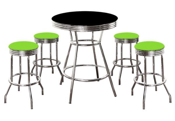 Black Bar/Pub Table Set 5-Piece Retro Soda Fountain Style with 4 - 29" Tall Bright Green Vinyl Covered Swivel Seat Cushions