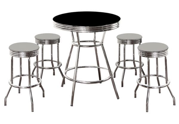 Black Bar/Pub Table Set 5-Piece Retro Soda Fountain Style with 4 - 29" Tall Gray Vinyl Covered Swivel Seat Cushions