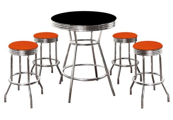 Black Bar/Pub Table Set 5-Piece Retro Soda Fountain Style with 4 - 29" Tall Orange Vinyl Covered Swivel Seat Cushions