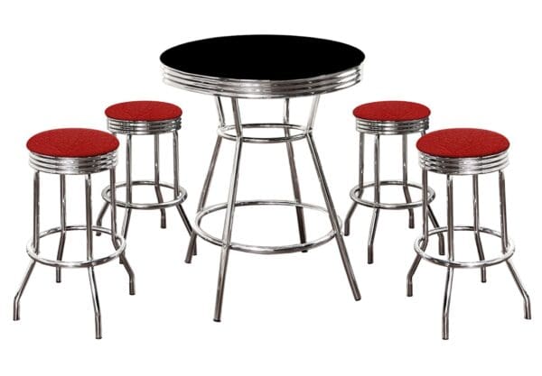 Black Bar/Pub Table Set 5-Piece Retro Soda Fountain Style with 4 - 29" Tall Red Vinyl Covered Swivel Seat Cushions