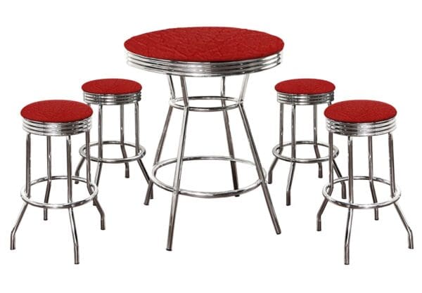 Custom Red Vinyl Covered Bar Table with Glass Top and 4 Chrome Stools with Red Vinyl Covered Swivel Seat Cushions