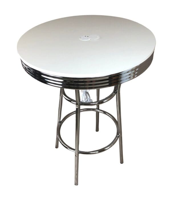White Bar Pub Table with Customized Attached USB and Power Outlet Glass Top Option Retro Soda Fountain Style