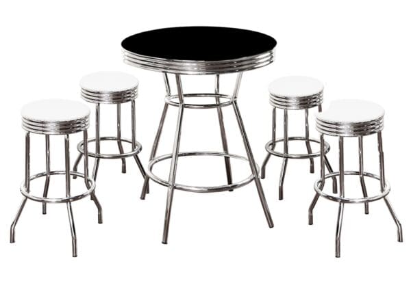 Black Bar/Pub Table Set 5-Piece Retro Soda Fountain Style with 4 - 29" Tall White Vinyl Covered Swivel Seat Cushions