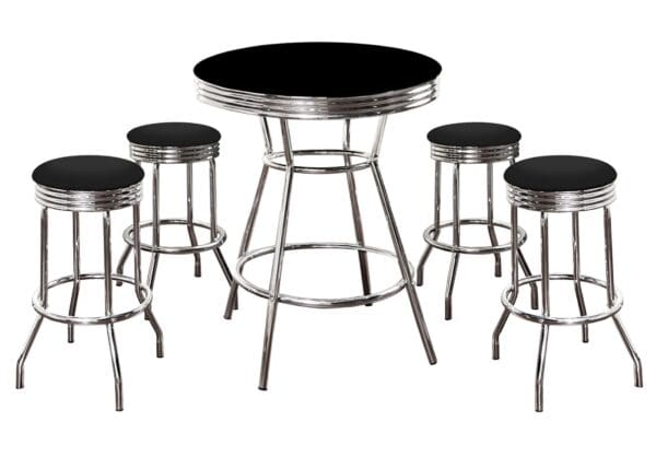 Black Bar/Pub Table Set 5-Piece Retro Soda Fountain Style with 4 - 29" Tall Black Vinyl Covered Swivel Seat Cushions