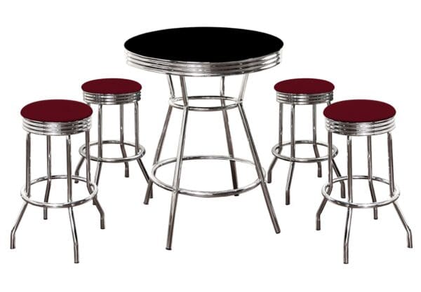 Black Bar/Pub Table Set 5-Piece Retro Soda Fountain Style with 4 - 29" Tall Burgundy Vinyl Covered Swivel Seat Cushions