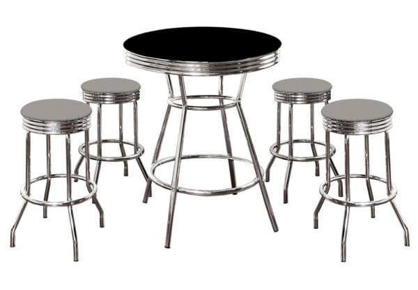 Black Bar/Pub Table Set 5-Piece Retro Soda Fountain Style with 4 - 29" Tall Dark Gray Vinyl Covered Swivel Seat Cushions