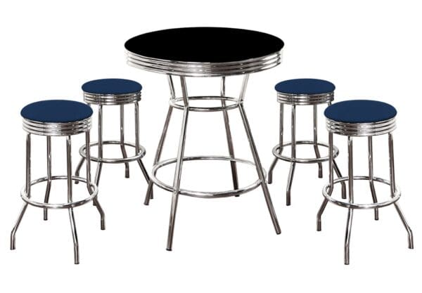 Black Bar/Pub Table Set 5-Piece Retro Soda Fountain Style with 4 - 29" Tall Blue Vinyl Covered Swivel Seat Cushions