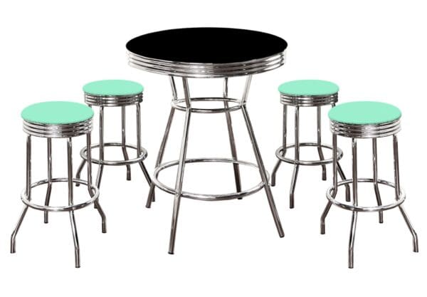 Black Bar/Pub Table Set 5-Piece Retro Soda Fountain Style with 4 - 29" Tall Turquoise Vinyl Covered Swivel Seat Cushions