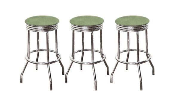 Chrome Bar Stool Set with Choice of a Custom Height 24", 29", or 31" Tall and a Custom Colored Pale Green Vinyl Padded Swivel Seat Cushion