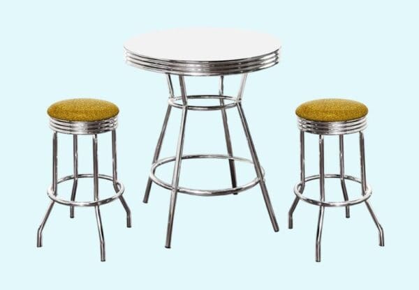 White Bar/Pub Table & Barstools Set 3-Piece Retro Soda Fountain Style with 2 - 29" Tall Chrome Swivel Seat Stools with Gold Glitter Cushions