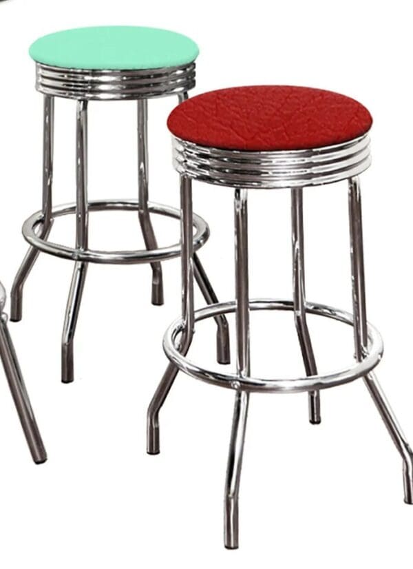Custom 5-Pc White Bar Table Set Retro Soda Fountain Style with a Custom Color Variety of Red Orange Blue Turquoise Vinyl Covered Cushions - Image 3